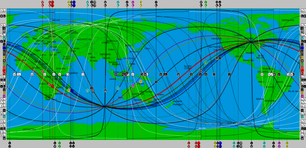 Astrocartography map showing a world map with lines running through it on where planets were located at the time of birth.