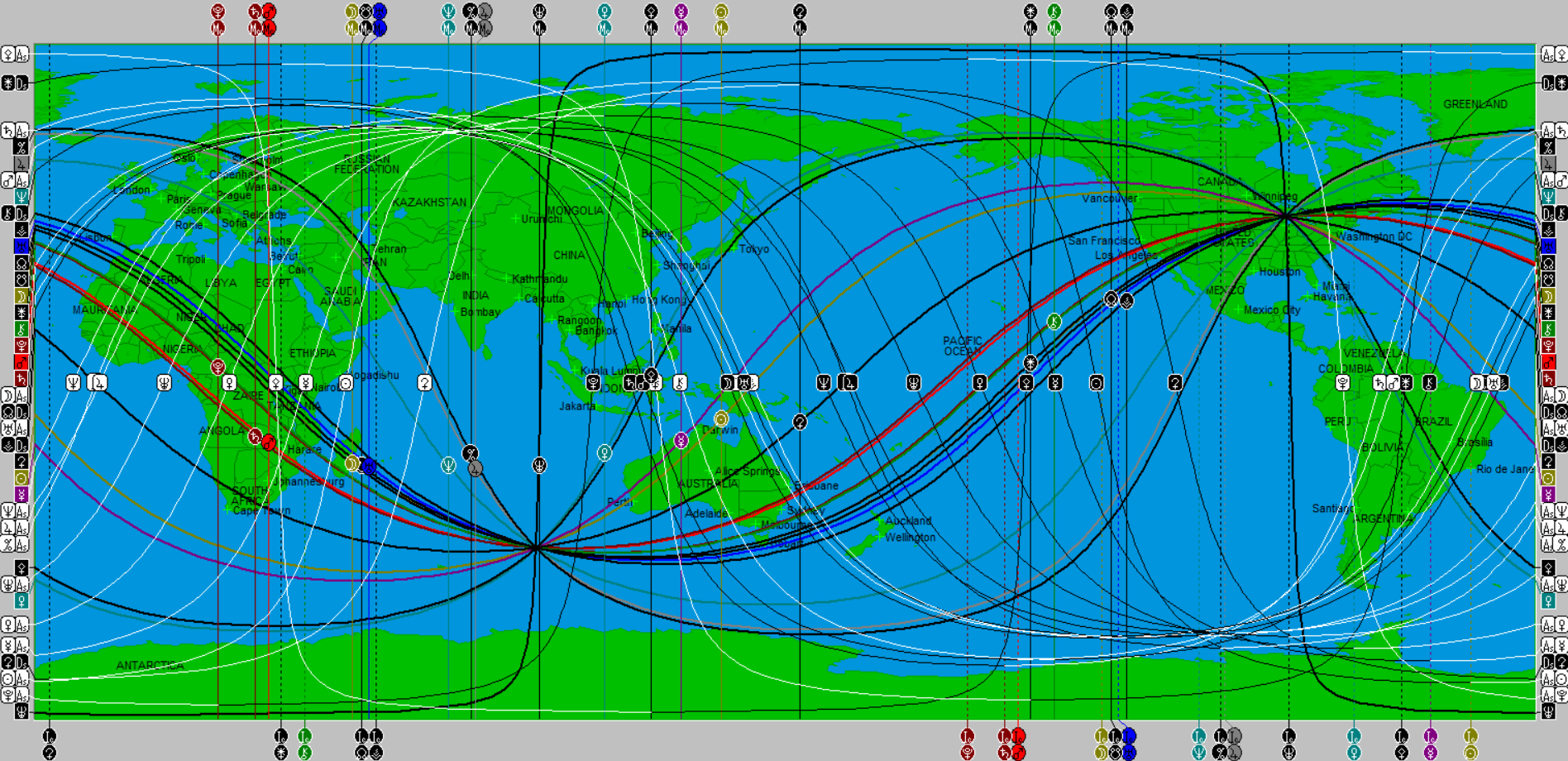 World map with lines running through it representing where the planets were at the time of someone's birth.