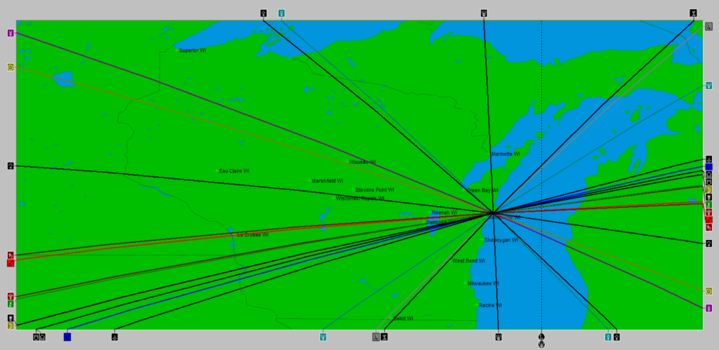 Asrtocartography map of Wisconsin showing local space lines to illustrate how the planetary energies spread out around the globe from the place of birth.