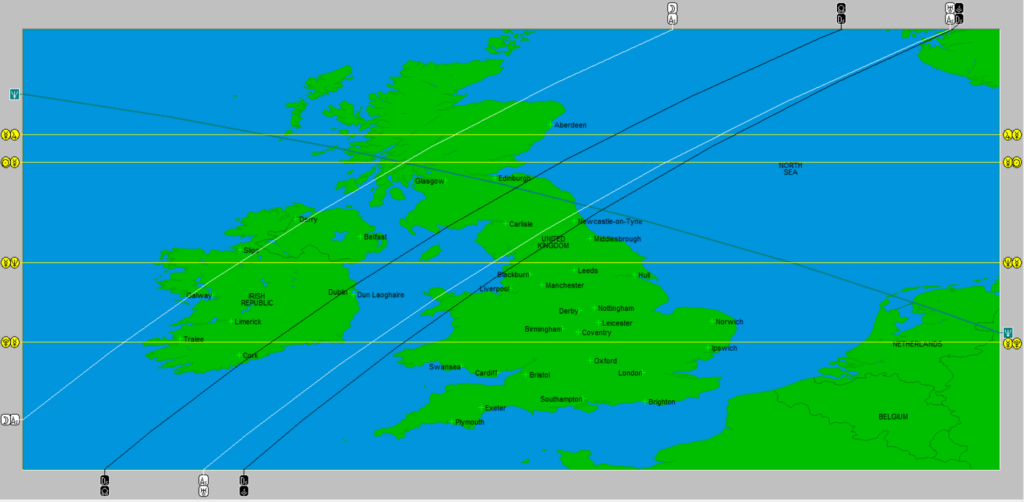 Astrocartography map showing paran lines. Paran lines are latitude lines on an astrocartography map. This example show the United Kingdom.